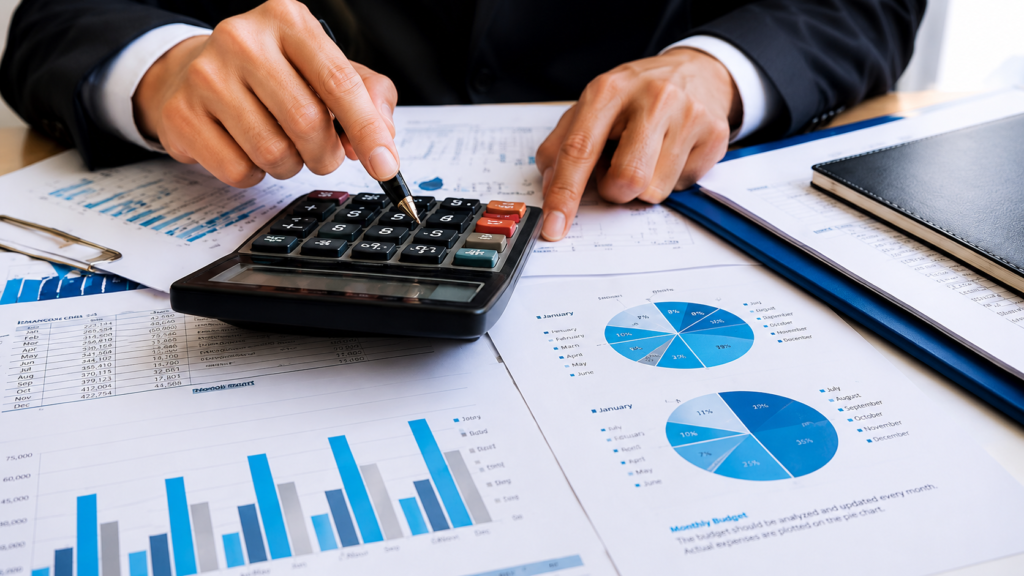 Accounting and bookkeeping services with financial reports and calculator